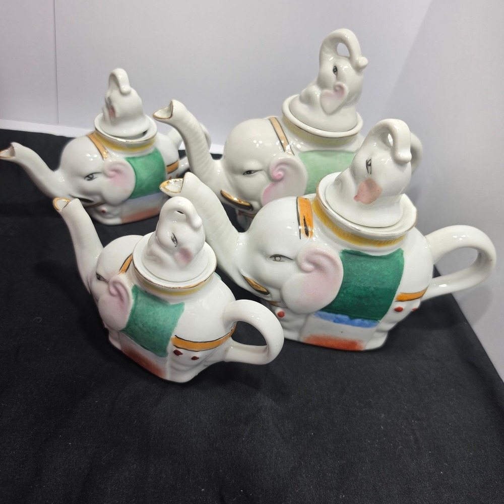 Vintage Ceramic Elephant Teapot Set of 4 Hand Painted White Gold Trim Figural - Picture 2 of 10